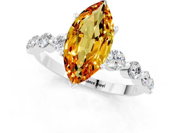 Platinum Marquise Cut Solitaire Citrine Ring with Pave Band and Four-Prong Setting