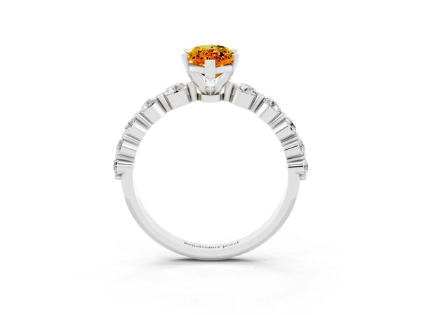 Silver Marquise Cut Solitaire Citrine Ring with Pave Band and Four-Prong Setting