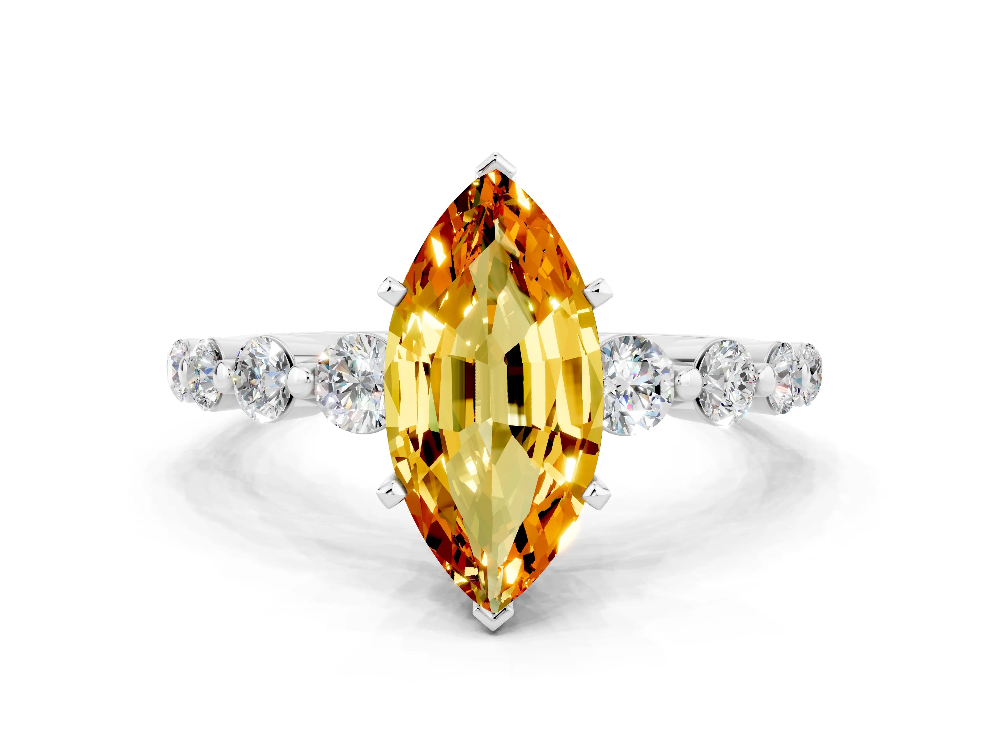 White gold Marquise Cut Solitaire Citrine Ring with Pave Band and Four-Prong Setting