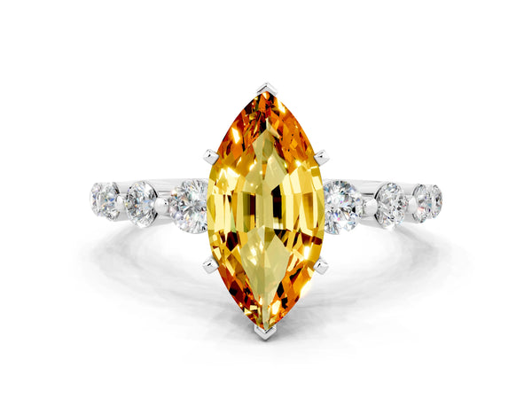 White gold Marquise Cut Solitaire Citrine Ring with Pave Band and Four-Prong Setting