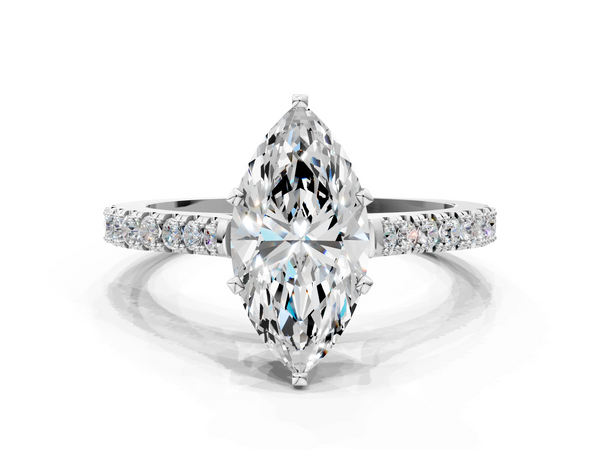 White gold Marquise Cut Solitaire Diamond Engagement Ring with Pave Band and Four-Prong Setting