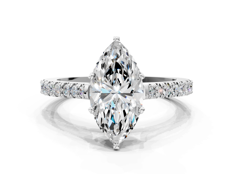 White gold Marquise Cut Solitaire Diamond Engagement Ring with Pave Band and Four-Prong Setting