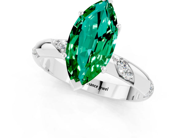 White gold Marquise Cut Emerald Solitaire Engagement Ring with Twisted Round  Accent Band and Prong Setting