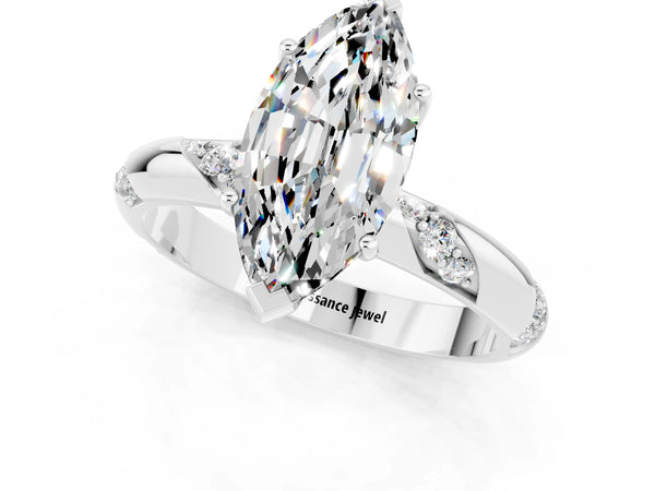 White gold Marquise Cut Moissanite Solitaire Engagement Ring with Twisted Round  Accent Band and Prong Setting