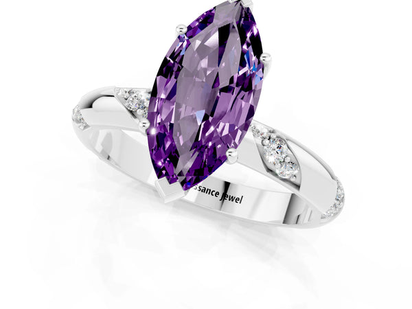Platinum Marquise Cut Amethyst Solitaire Engagement Ring with Twisted Round  Accent Band and Prong Setting
