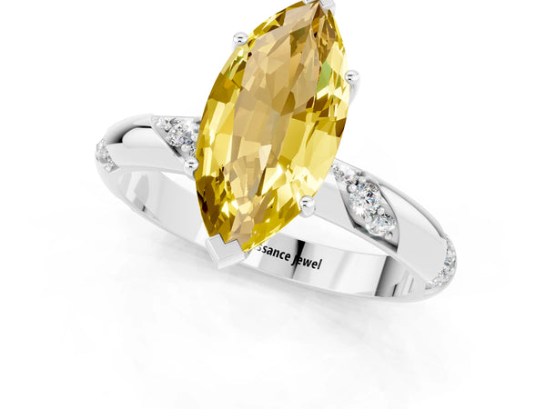 Platinum Marquise Cut Yellow Sapphire Solitaire Engagement Ring with Twisted Round  Accent Band and Prong Setting