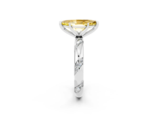 White gold Marquise Cut Yellow Sapphire Solitaire Engagement Ring with Twisted Round  Accent Band and Prong Setting
