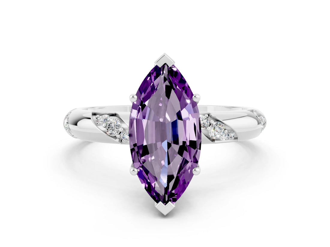 White gold Marquise Cut Solitaire Diamond Engagement Ring with Twisted Pave Band and Four-Prong Setting