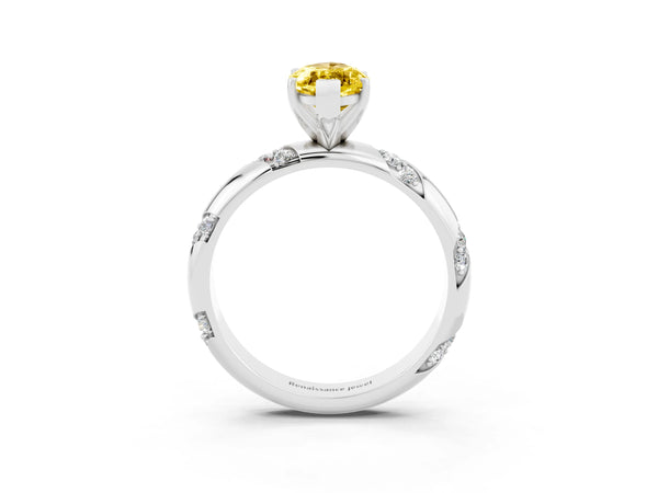 Silver Marquise Cut Yellow Sapphire Solitaire Engagement Ring with Twisted Round  Accent Band and Prong Setting