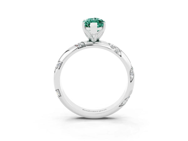 White gold Marquise Cut Green Sapphire Solitaire Engagement Ring with Twisted Round  Accent Band and Prong Setting