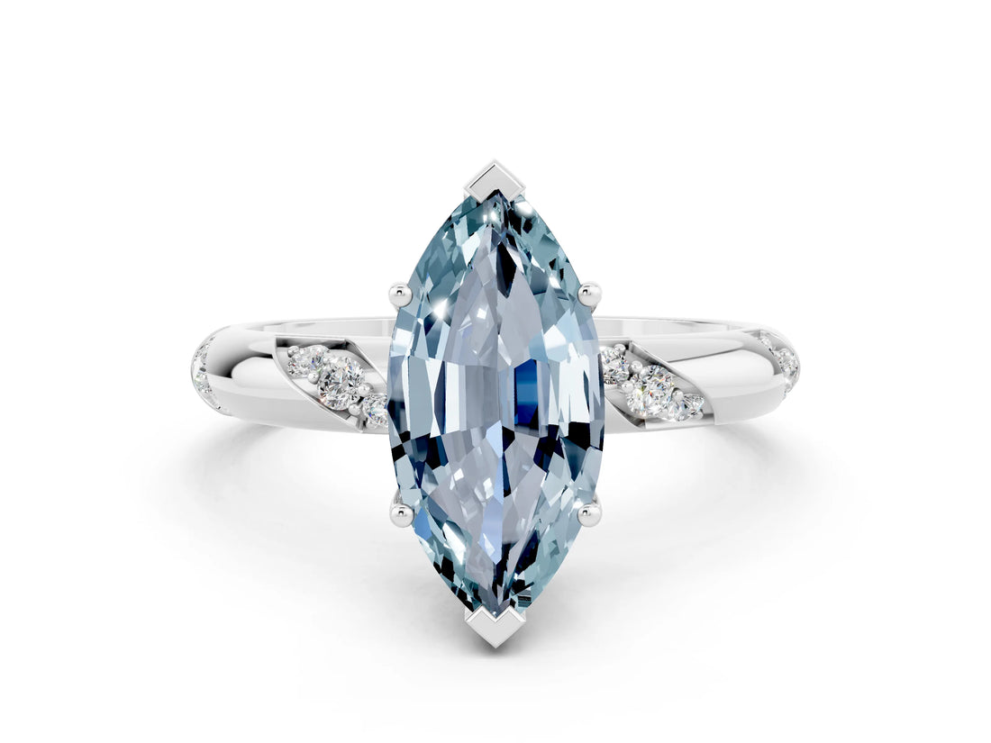 White gold Marquise Cut Solitaire Diamond Engagement Ring with Twisted Pave Band and Four-Prong Setting