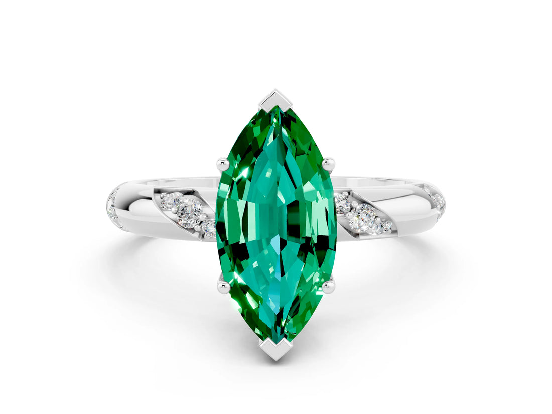 White gold Marquise Cut Solitaire Diamond Engagement Ring with Twisted Pave Band and Four-Prong Setting