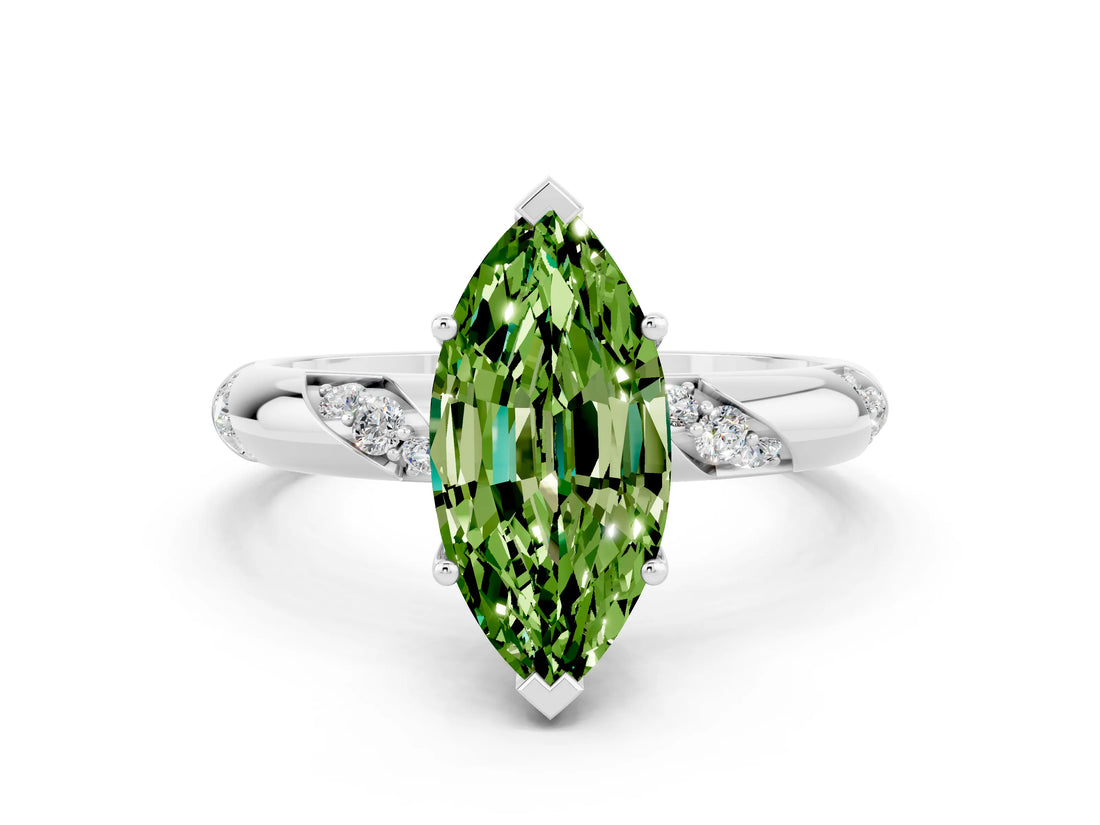 White gold Marquise Cut Solitaire Diamond Engagement Ring with Twisted Pave Band and Four-Prong Setting