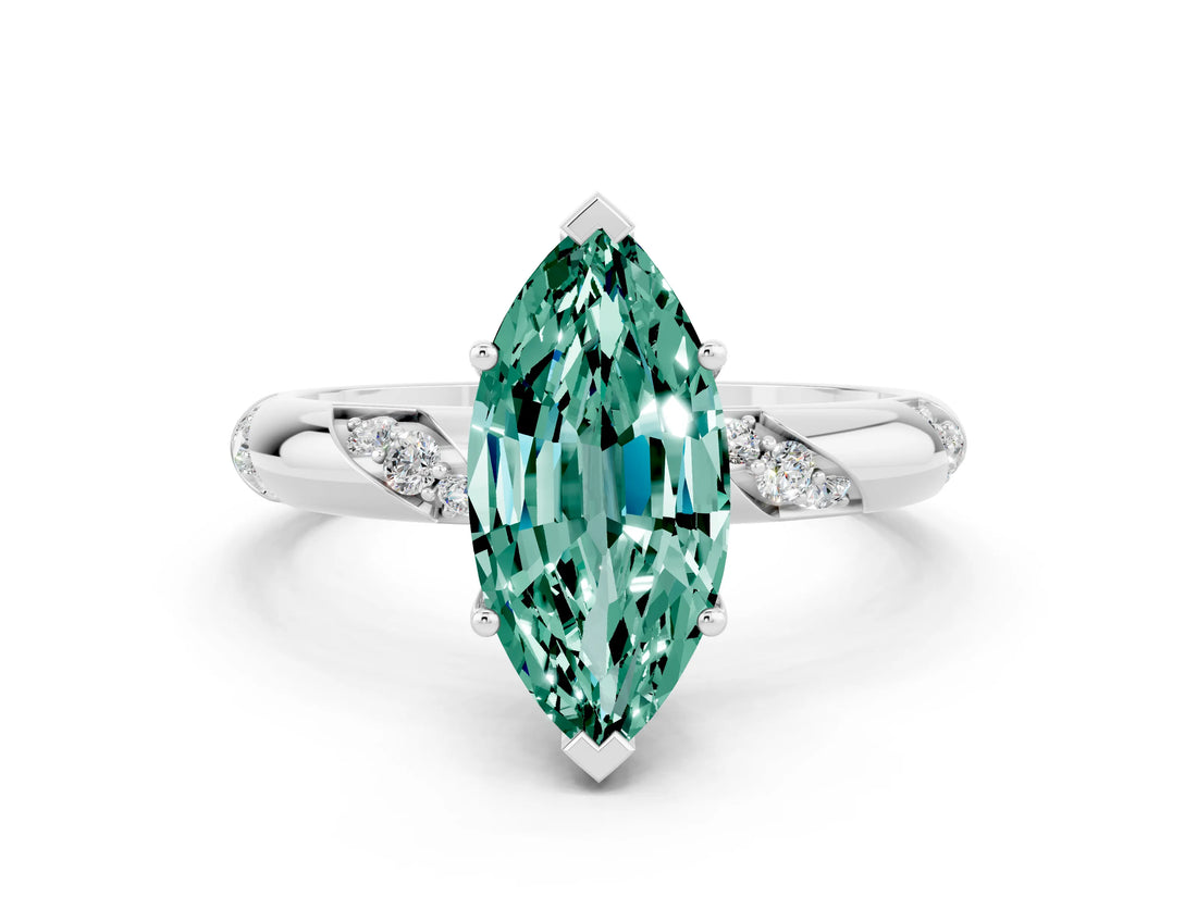 White gold Marquise Cut Solitaire Diamond Engagement Ring with Twisted Pave Band and Four-Prong Setting