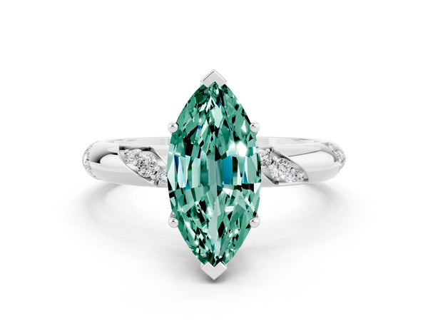 White gold Marquise Cut Green Sapphire Solitaire Engagement Ring with Twisted Round  Accent Band and Prong Setting