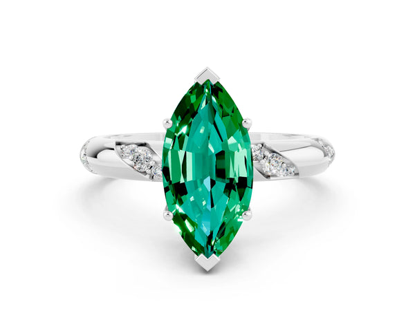 White gold Marquise Cut Emerald Solitaire Engagement Ring with Twisted Round  Accent Band and Prong Setting