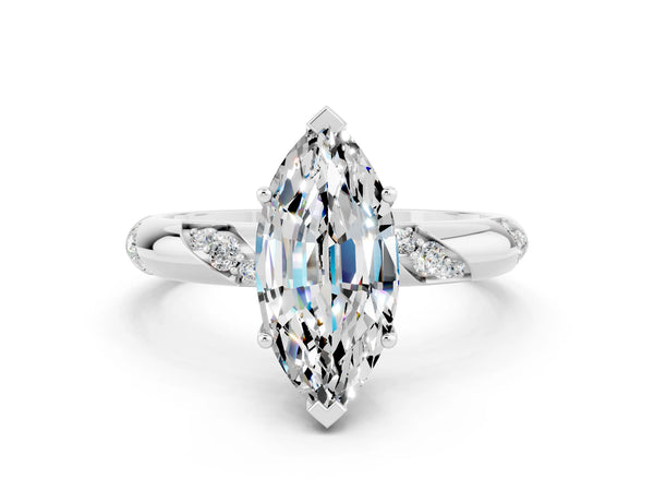 White gold Marquise Cut Moissanite Solitaire Engagement Ring with Twisted Round  Accent Band and Prong Setting
