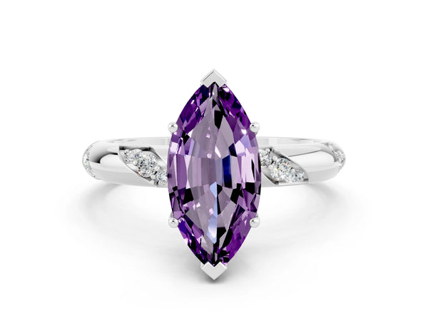 Silver Marquise Cut Amethyst Solitaire Engagement Ring with Twisted Round  Accent Band and Prong Setting