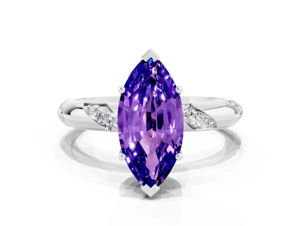 Platinum Marquise Cut Tanzanite Solitaire Engagement Ring with Twisted Round  Accent Band and Prong Setting