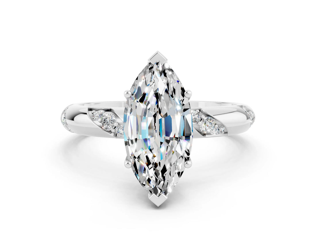 White gold Marquise Cut Solitaire Diamond Engagement Ring with Twisted Pave Band and Four-Prong Setting