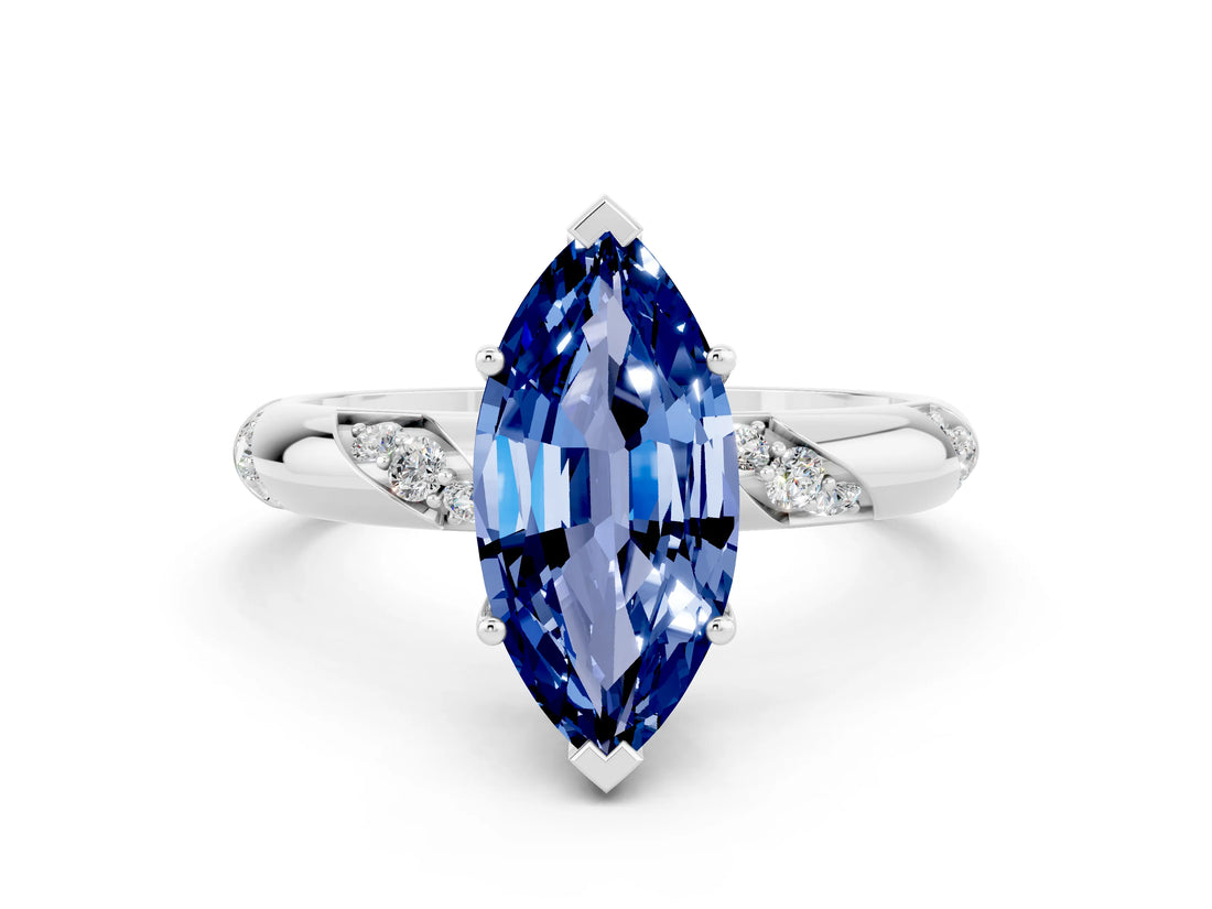 White gold Marquise Cut Solitaire Diamond Engagement Ring with Twisted Pave Band and Four-Prong Setting