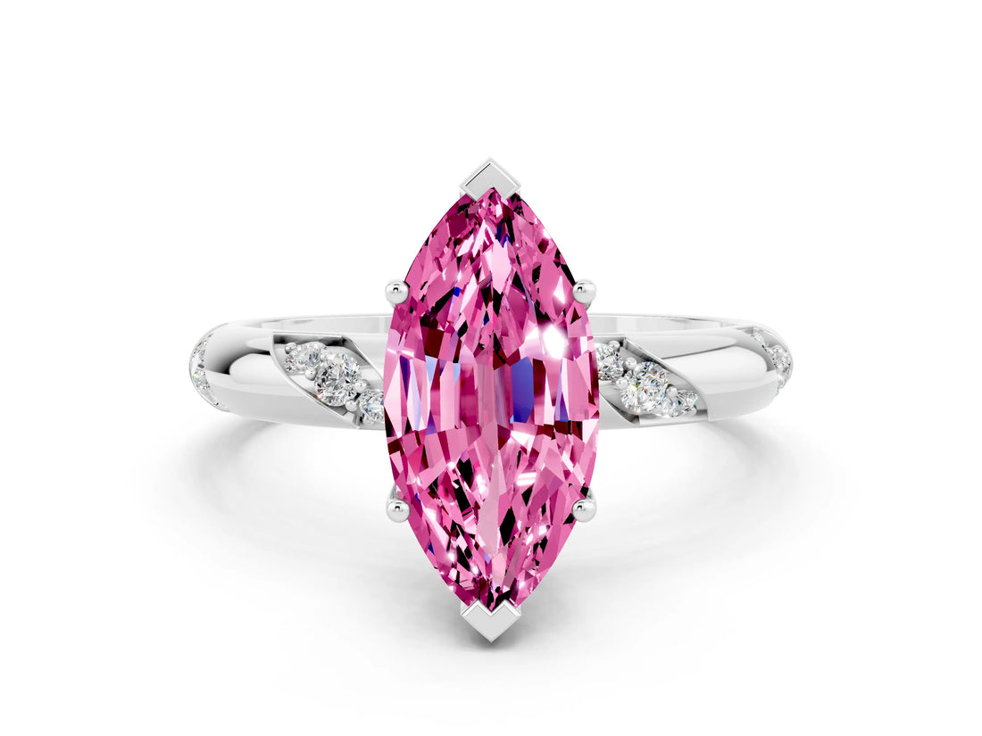 White gold Marquise Cut Solitaire Diamond Engagement Ring with Twisted Pave Band and Four-Prong Setting