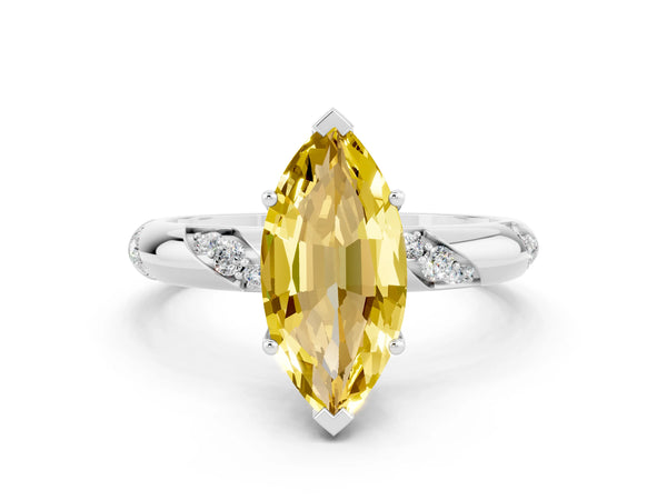 Platinum Marquise Cut Yellow Sapphire Solitaire Engagement Ring with Twisted Round  Accent Band and Prong Setting