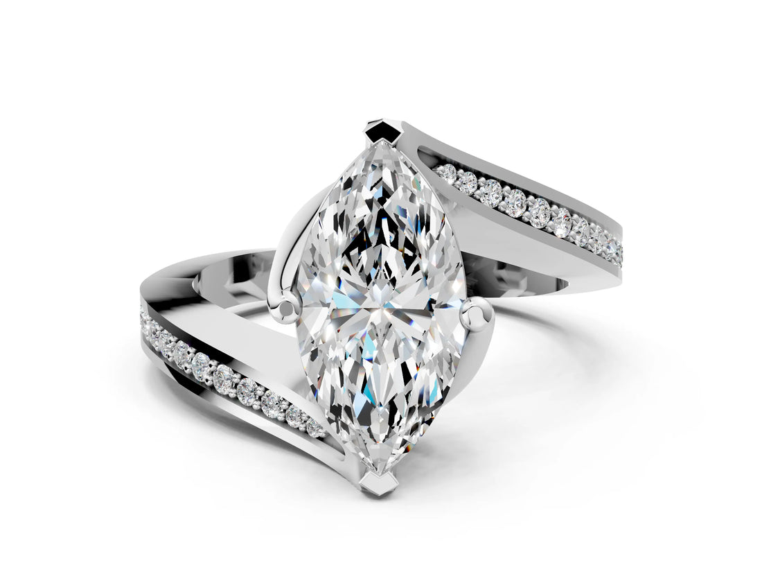 White gold Marquise Cut Solitaire Diamond Twist Band with Pavé Setting and Four-Prong Setting_7