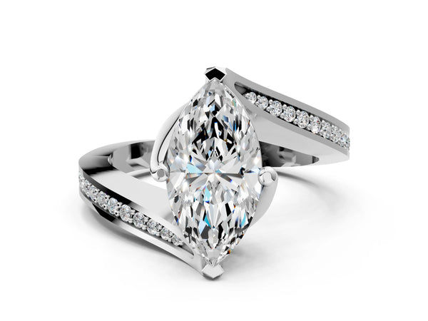 White Gold Marquise Bypass Solitaire Engagement Ring Setting with Swirl Pave Band