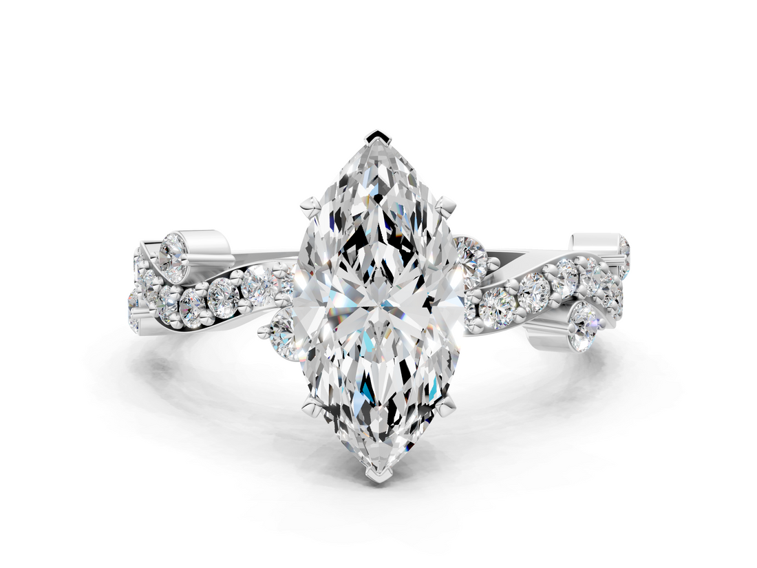 White gold Marquise Cut Solitaire Diamond Twisted Band with Pave Setting_87