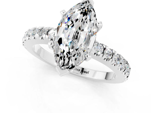 Platinum Marquise Cut Solitaire Moissanite with Pavé Band and Four-Prong Setting