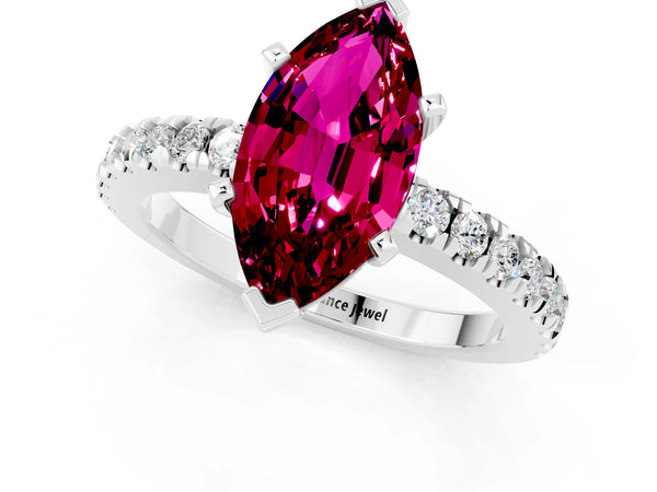 White gold Marquise Cut Solitaire Garnet with Pavé Band and Four-Prong Setting