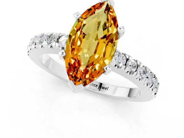 Platinum Marquise Cut Solitaire Citrine with Pavé Band and Four-Prong Setting