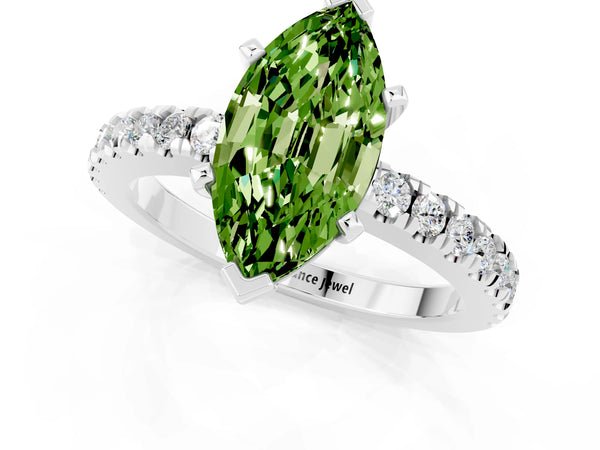 Platinum Marquise Cut Solitaire Peridot with Pavé Band and Four-Prong Setting
