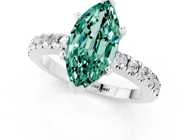 White gold Marquise Cut Solitaire Green Sapphire with Pavé Band and Four-Prong Setting