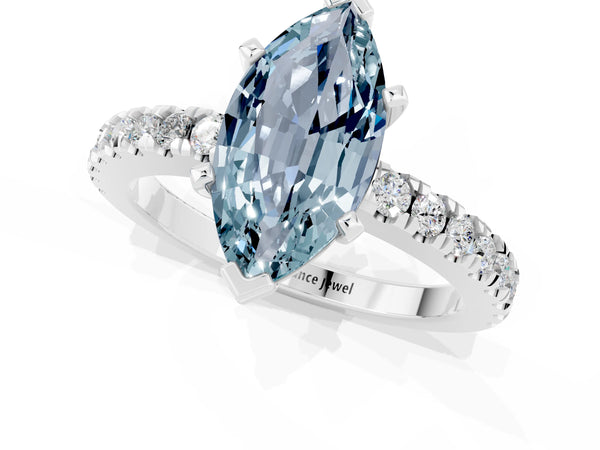 Silver Marquise Cut Solitaire Aquamarine with Pavé Band and Four-Prong Setting