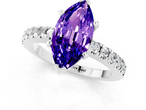 Silver Marquise Cut Solitaire Tanzanite with Pavé Band and Four-Prong Setting