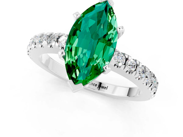 Platinum Marquise Cut Solitaire Emerald with Pavé Band and Four-Prong Setting