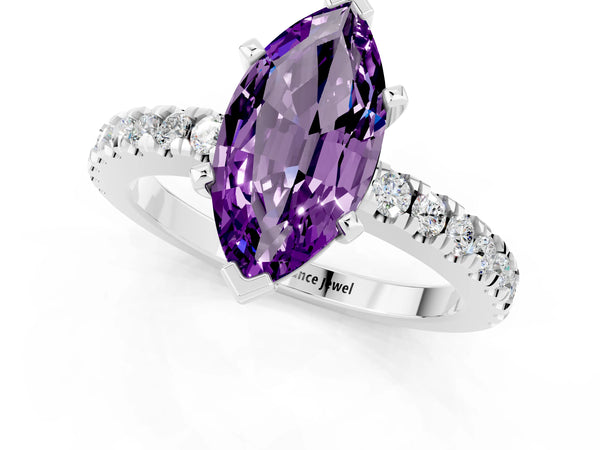 Silver Marquise Cut Solitaire Amethyst with Pavé Band and Four-Prong Setting