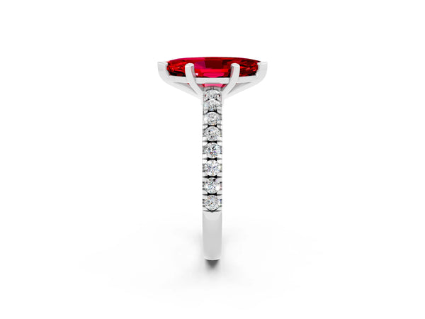 Platinum Marquise Cut Solitaire Ruby with Pavé Band and Four-Prong Setting