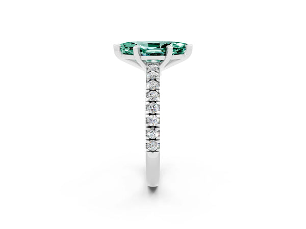 Silver Marquise Cut Solitaire Green Sapphire with Pavé Band and Four-Prong Setting