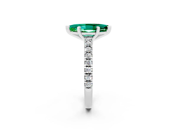 Platinum Marquise Cut Solitaire Emerald with Pavé Band and Four-Prong Setting