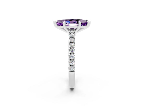 Platinum Marquise Cut Solitaire Amethyst with Pavé Band and Four-Prong Setting