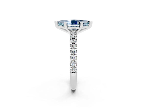 Platinum Marquise Cut Solitaire Aquamarine with Pavé Band and Four-Prong Setting
