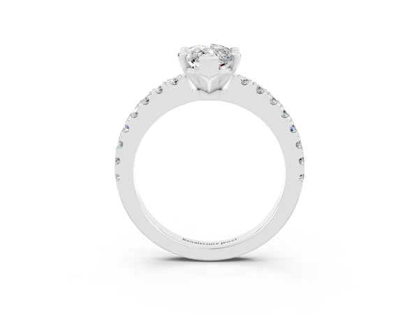 Platinum Marquise Cut Solitaire Moissanite with Pavé Band and Four-Prong Setting