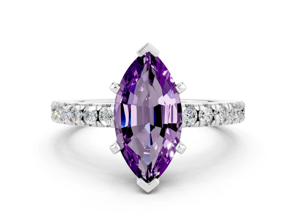 Platinum Marquise Cut Solitaire Amethyst with Pavé Band and Four-Prong Setting