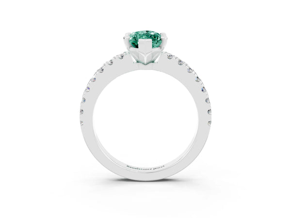 White gold Marquise Cut Solitaire Green Sapphire with Pavé Band and Four-Prong Setting