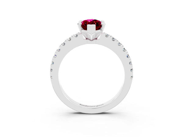 White gold Marquise Cut Solitaire Garnet with Pavé Band and Four-Prong Setting