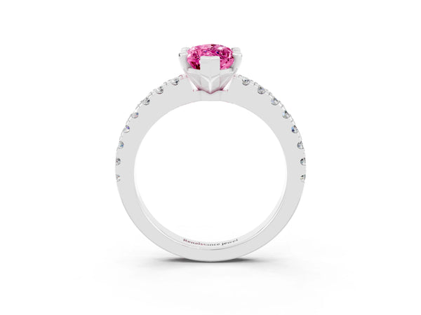 Platinum Marquise Cut Solitaire Pink Sapphire with Pavé Band and Four-Prong Setting