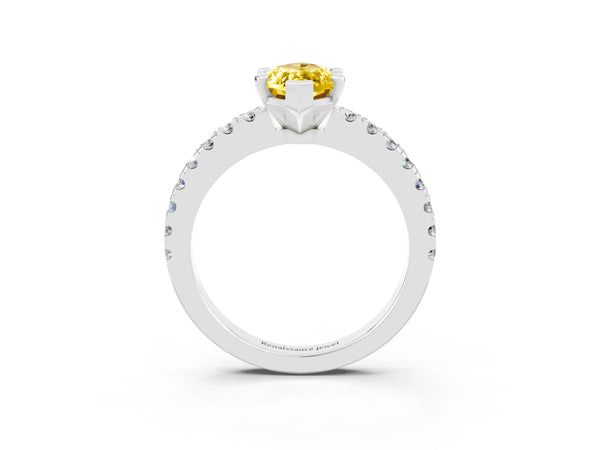 Silver Marquise Cut Solitaire Yellow Sapphire with Pavé Band and Four-Prong Setting